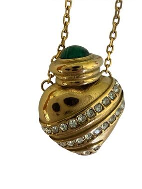 Gold Tone Pendant Necklace with Green Cabochon and Rhinestones